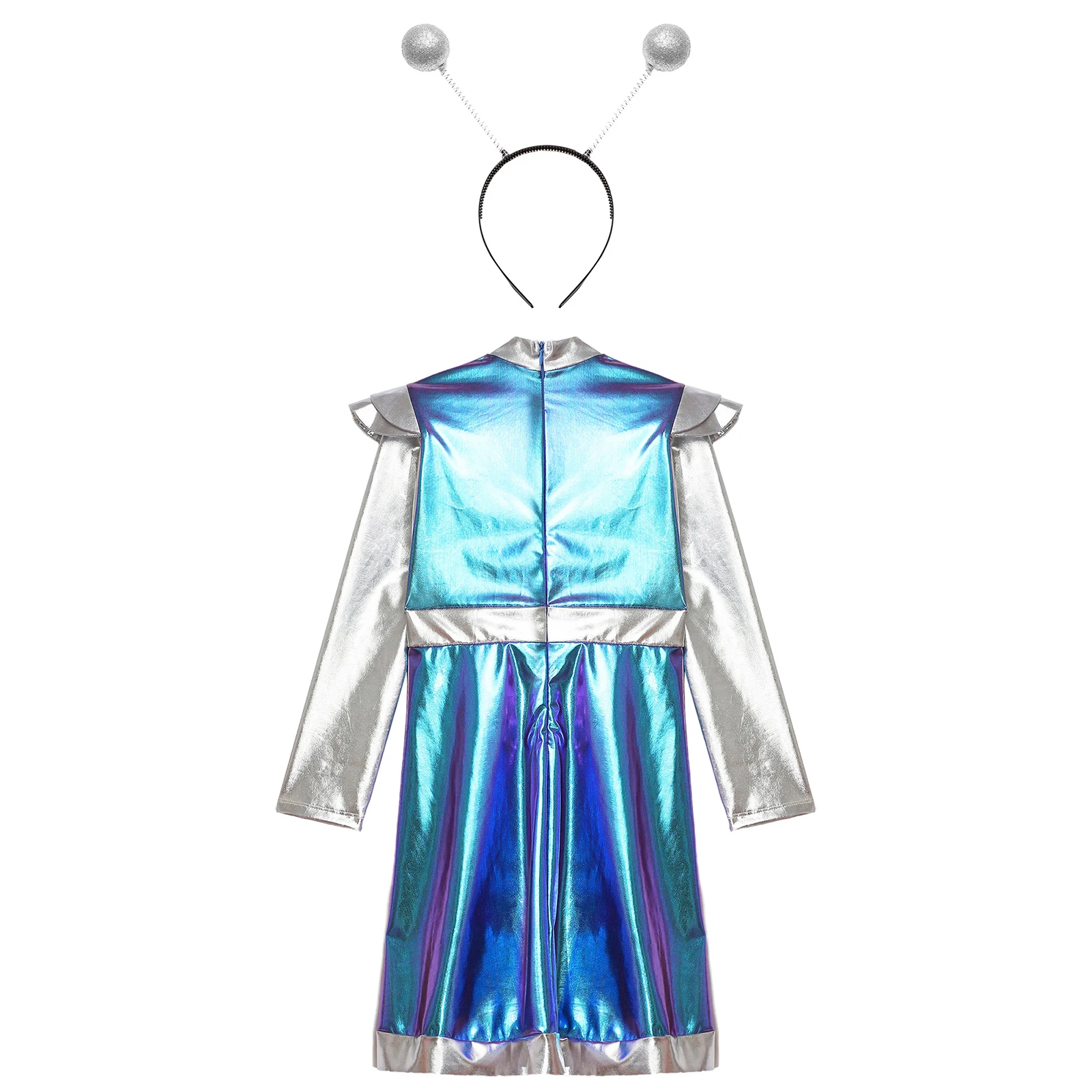 Kids Girls Alien Robot Astronaut Costume Long Sleeve Shiny Metallic Halloween Cosplay Fancy Dress with Hair Hoop Outfits
