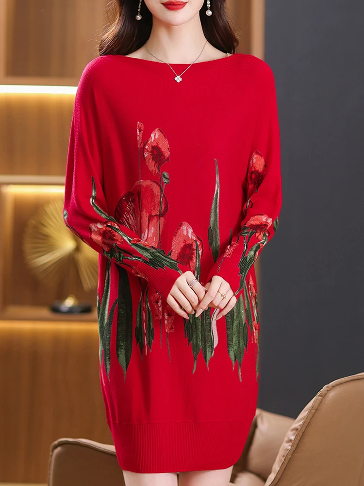 YISU 2023 Autumn Winter New Sweater Dresses Women Fashion Flower Printing Jumper Loose Long Knitted Pullover Soft Sweater Dress 5