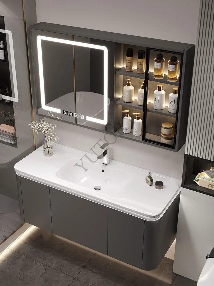 Light luxury solid wood ceramic integrated basin smart bathroom cabinet combination washbasin toilet washstand