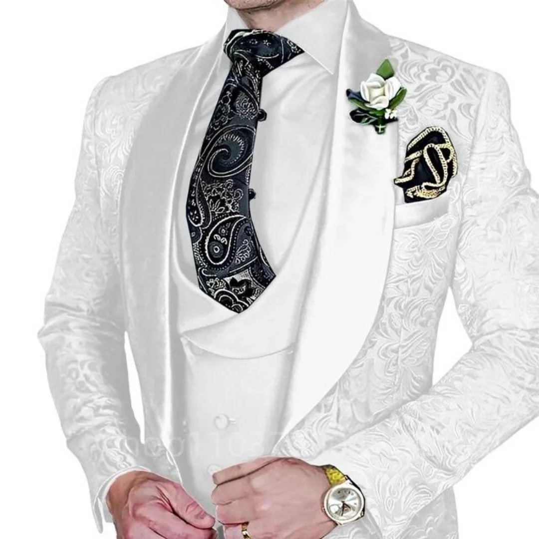 Fashion Jacquard 3-Piece Men's Tuxedo Suit with Shawl Lapel Slim Fit Blazer Vest Pants for Business Wedding Prom Party