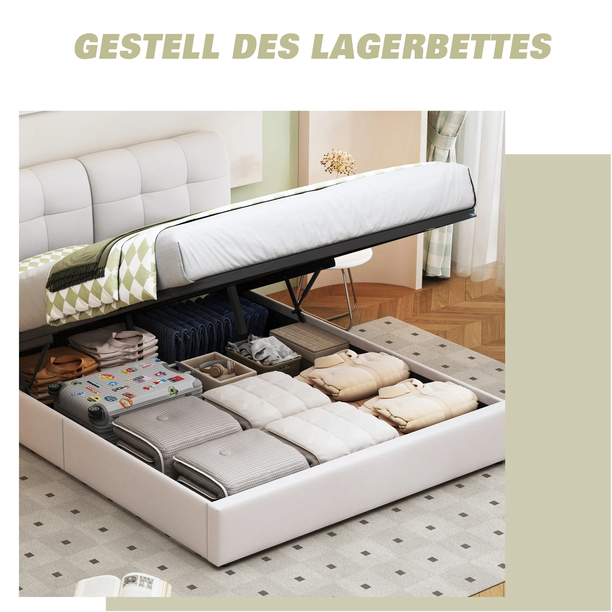 Rosahqnda Modernes gepolstertes Doppelbett 140 x 200 cm, hydraulisches Funktionsbett mit verstellbarer LED-Beleuchtung, weißer Samt, keine Matratze – Detail 5