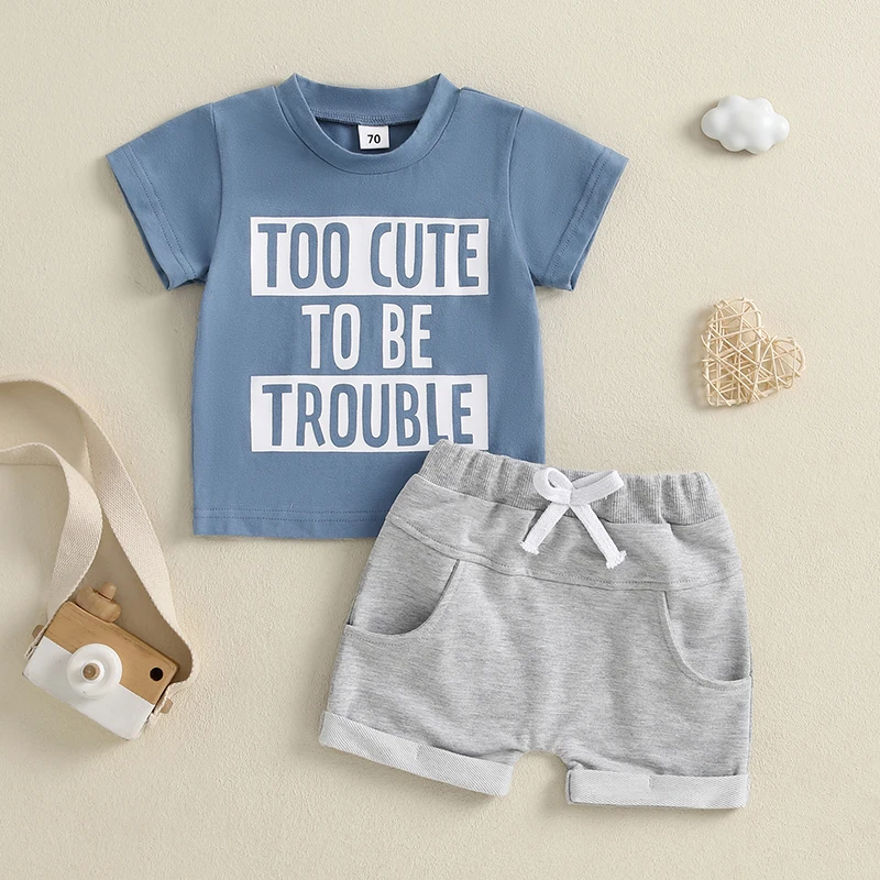 0-3Years Toddler Infant Boys Summer Shorts Sets Casual Short Sleeve O Neck Letter Print Tops and Solid Color Shorts Baby Clothes