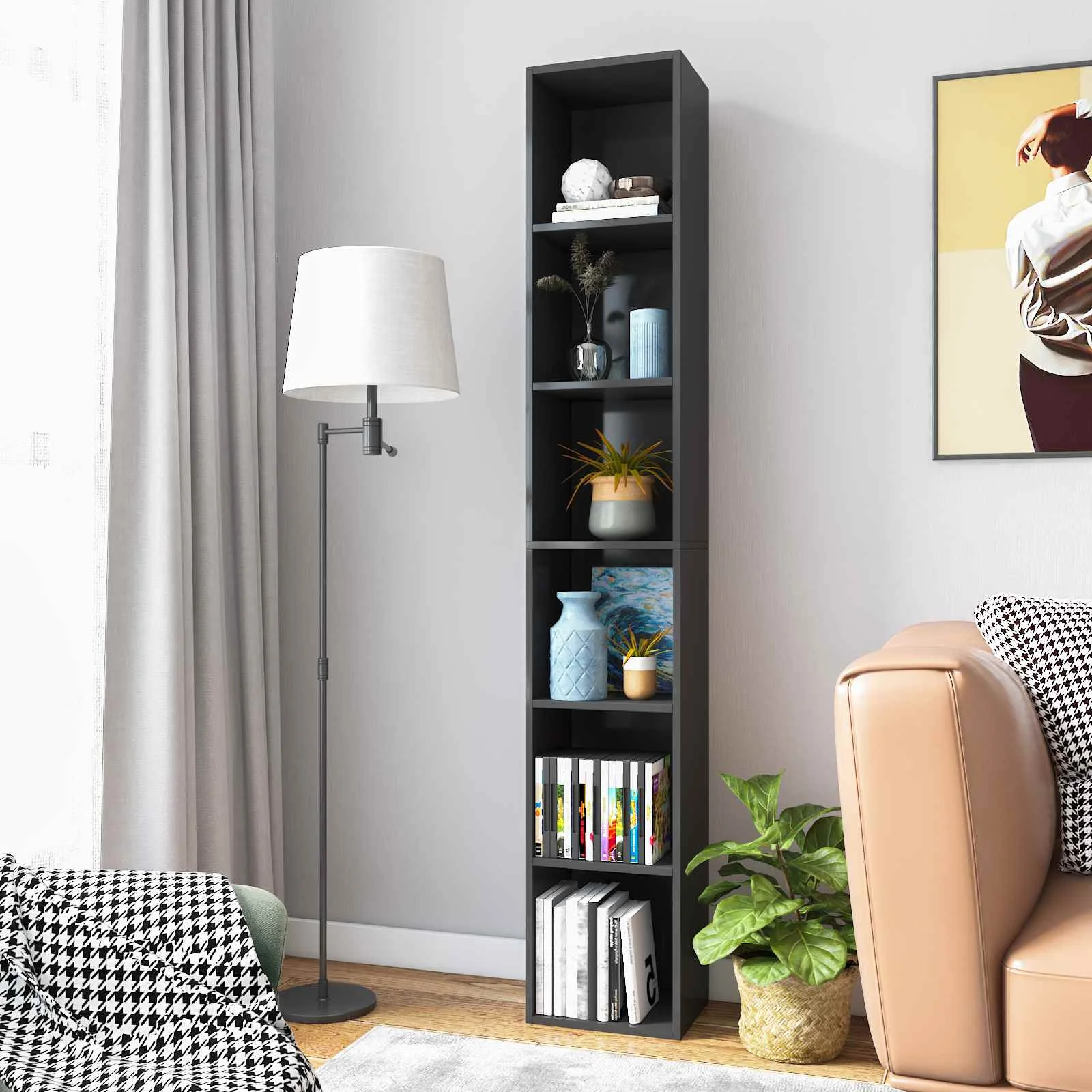 

6-Tier Media Tower Tall Slim Bookcase Bookshelves Tall Slim Storage Shelves CD DVD Storage Rack Display Bookshelf Narrow Storage