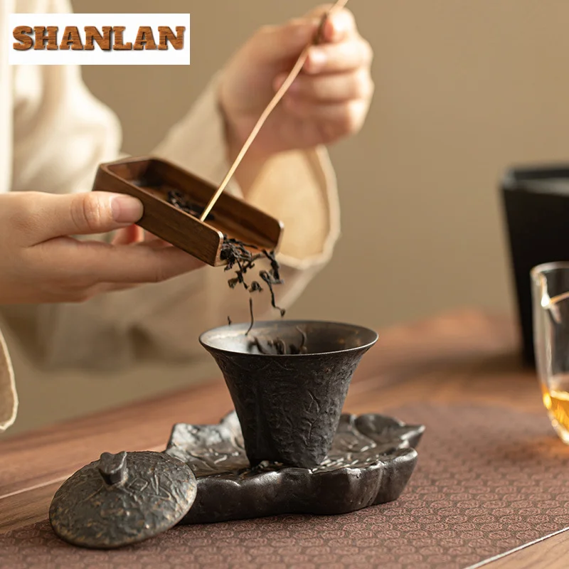80ml Handmade Coarse Pottery Gaiwan Ancient Bronze Glaze Three Leg Tea Tureen Household Tea Making Cover Bowl Drinkware Craft