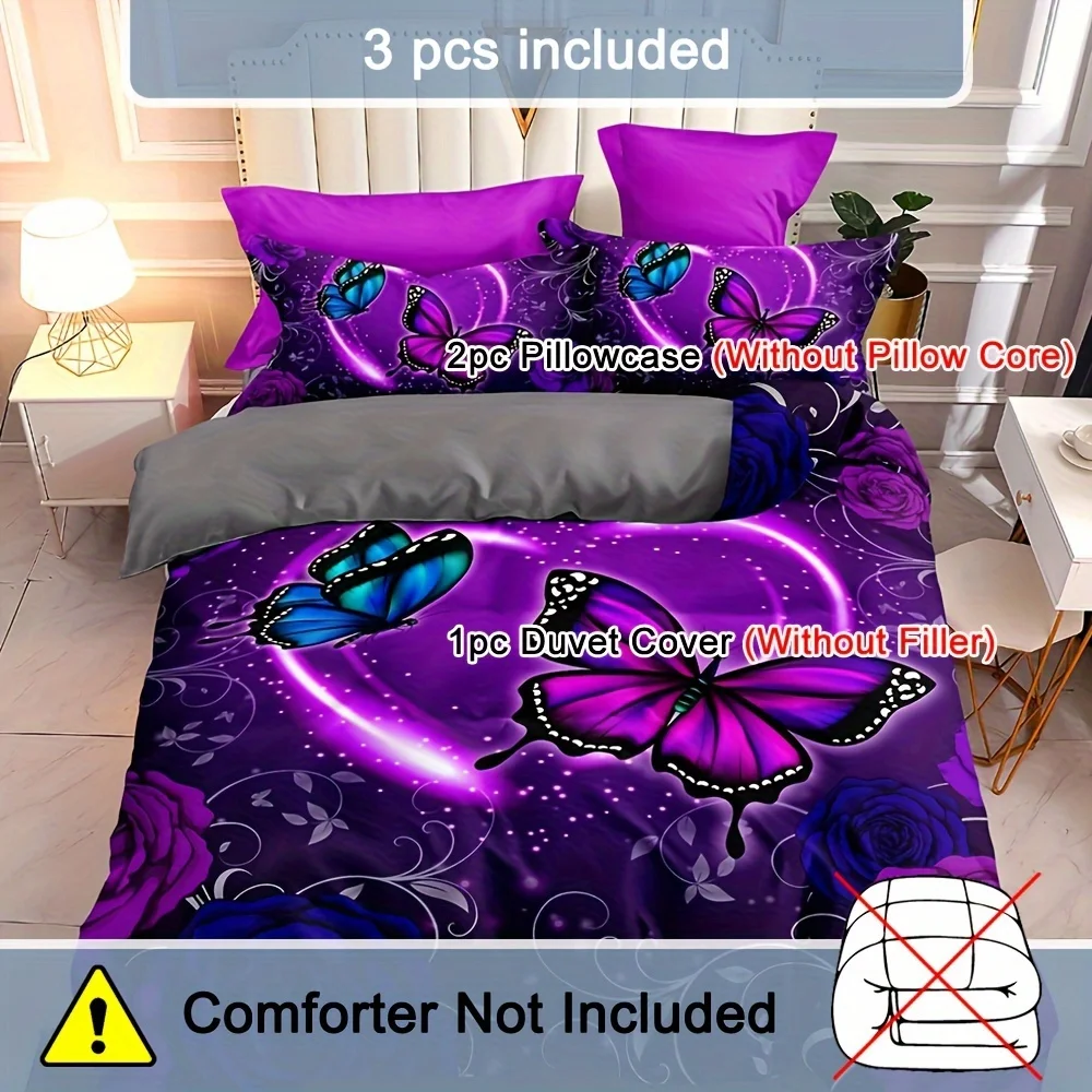 3pcs Enchanting Butterfly & Rose Floral Duvet Cover Set - Breathable Polyester, Zip Closure, All-Season Comfort - Vibrant Blue