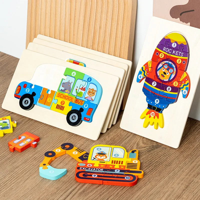 

Montessori Educational Toys for Kids Wooden Cartoon Car Jigsaw Puzzle for Toddle Jigsaw Puzzle