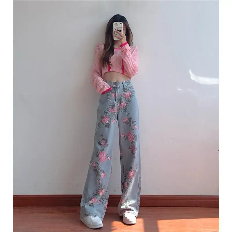

Y2K Rose High Waist Painted Jeans Women Korean New Sweet Cool Retro Loose Slim Print Straight Wide-leg Pants 2024 Spring New