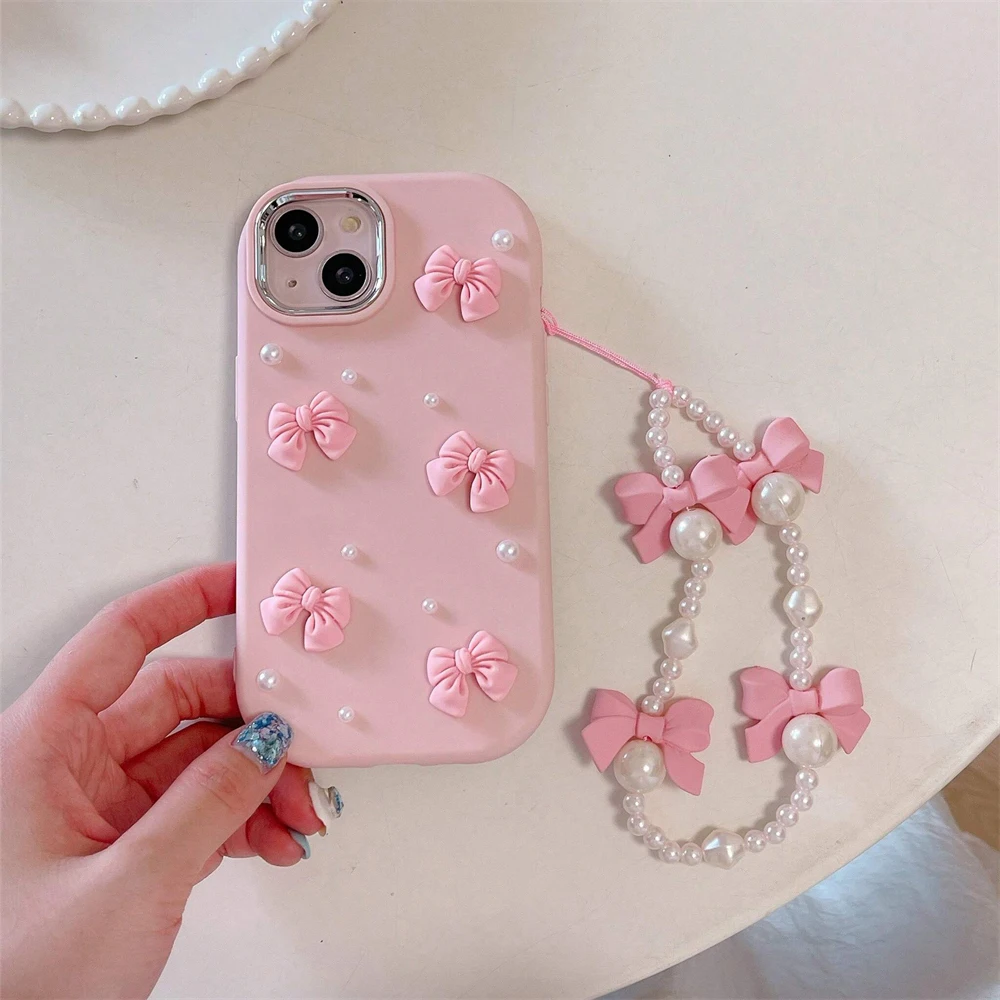 لطيف ثلاثية الأبعاد الوردي Bowknot اللؤلؤ قضية اله...