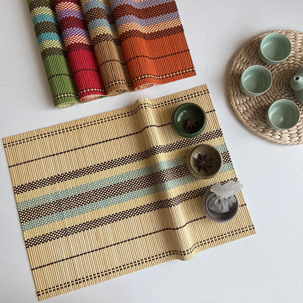 

5Pcs Square Table Mat Bamboo Woven Placemats Anti Slip Dining Table Mats Non-Slip Tableware Bowl Pads Kitchen Drink Cup Coasters