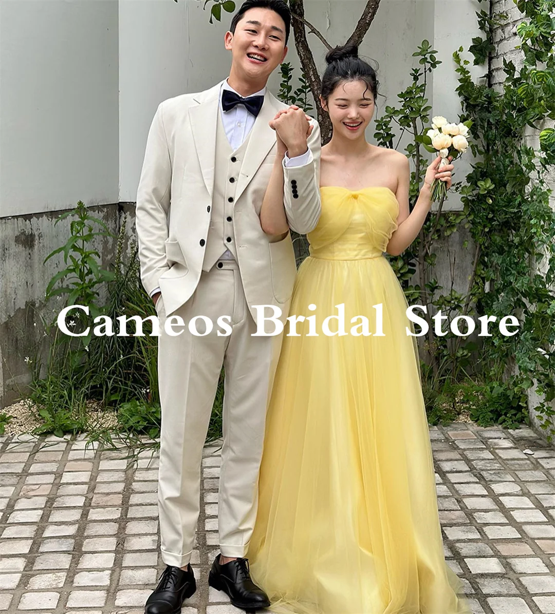 

SONDR Off Shoulder Princess 드레스 Evening Dress Custom Made Tulle Yellow A-Line Korea Formal Prom Dress Evening Gown Bridal