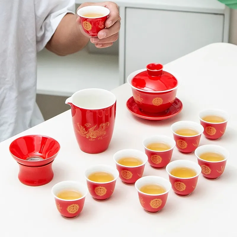 Chinese Wedding Tea Ceremony Set - Red Porcelain Tea Cups with Gift Box, Bride & Groom 'Gai Kou' Tea Set, Complete Marriage Dowr
