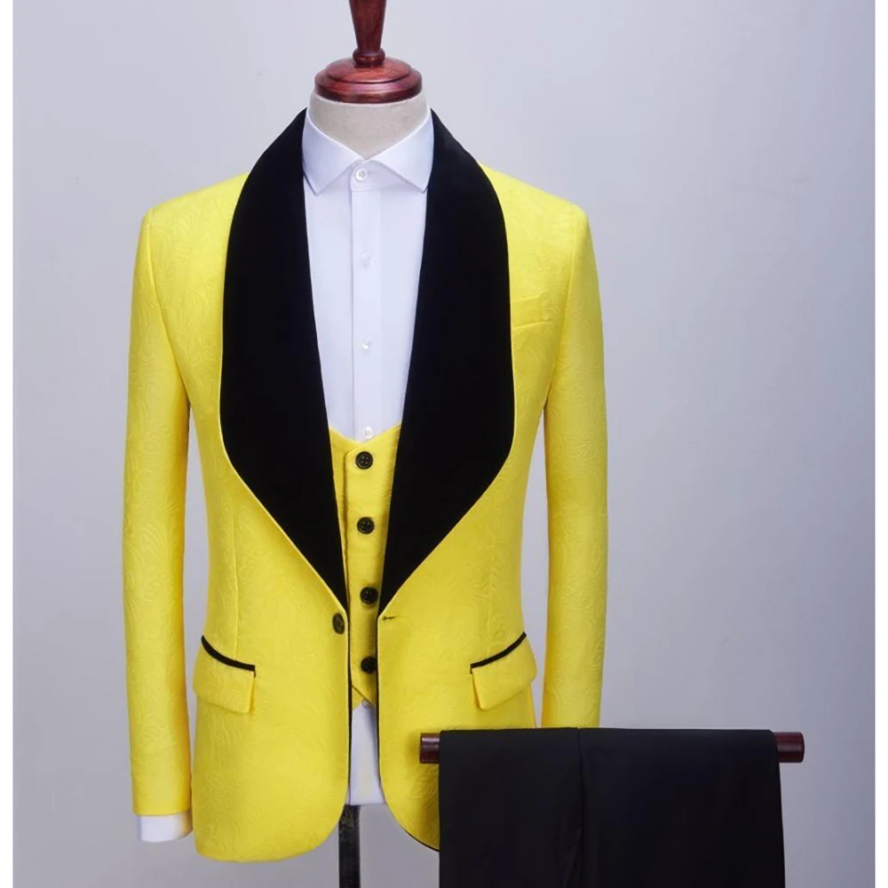 

Jacquard Suits for Men Fashion Yellow High-end Male Blazer Prom Party Groom Wedding Tuxedo Slim Fit Casual Banquet 3 Piece Set