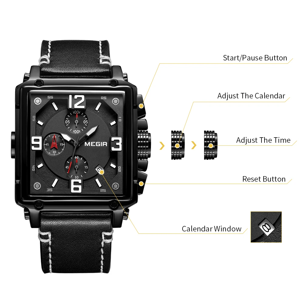 MEGIR Original Fashion Square Quartz Watches Men Sports Military Wristwatch Calendar Waterproof Chronograph Male Montre Homme - 4
