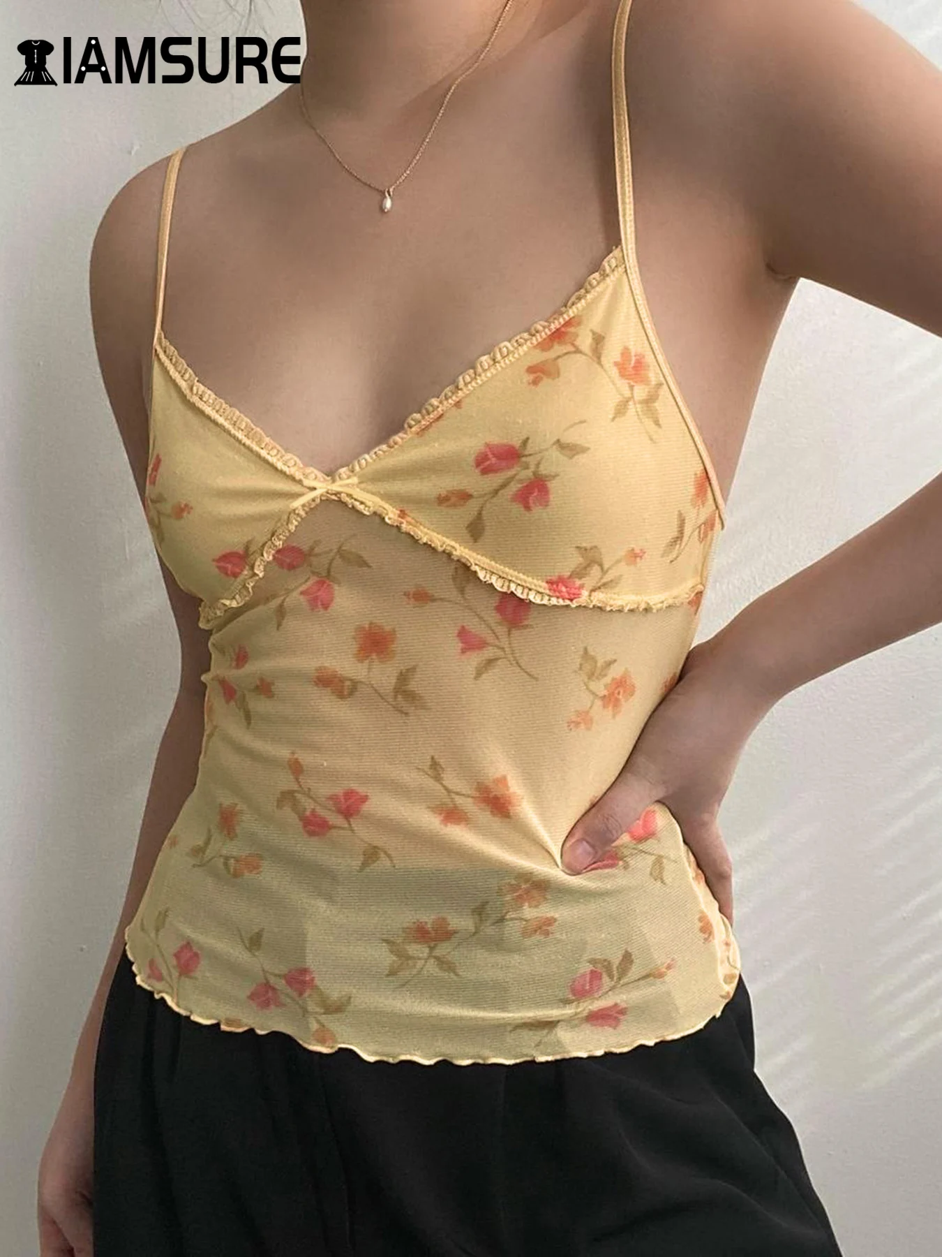 

IAMSURE Holiday Sexy Floral Mesh Camis Tops See Through Slim Deep V-Neck Sleeveless Tank Tops Women Summer Fashion Streetwear