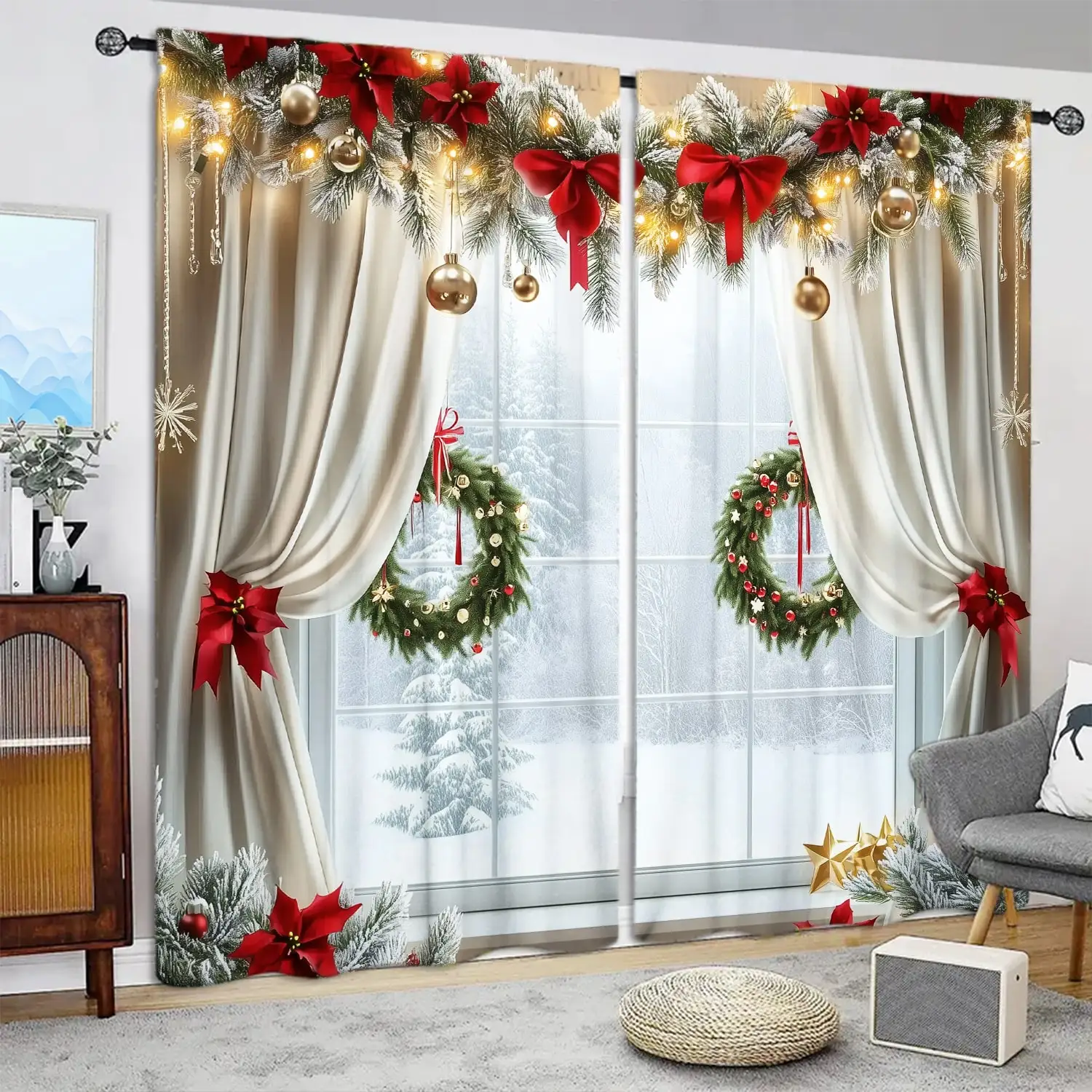 Description Picture 2 of item2pcs Windows with A Christm Printed Curtain for Christmas Home Decor - Rod Pocket Window Treatment for Bedroom, Office, Kitchen