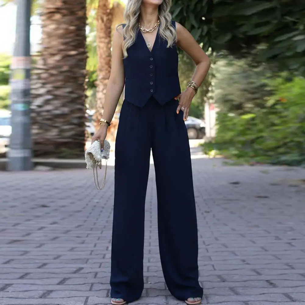 Wide-leg Pants Set Chic Women's V Neck Vest Pants Suit Elegant Single-breasted Sleeveless High Waist Wide Leg Ol for Formal