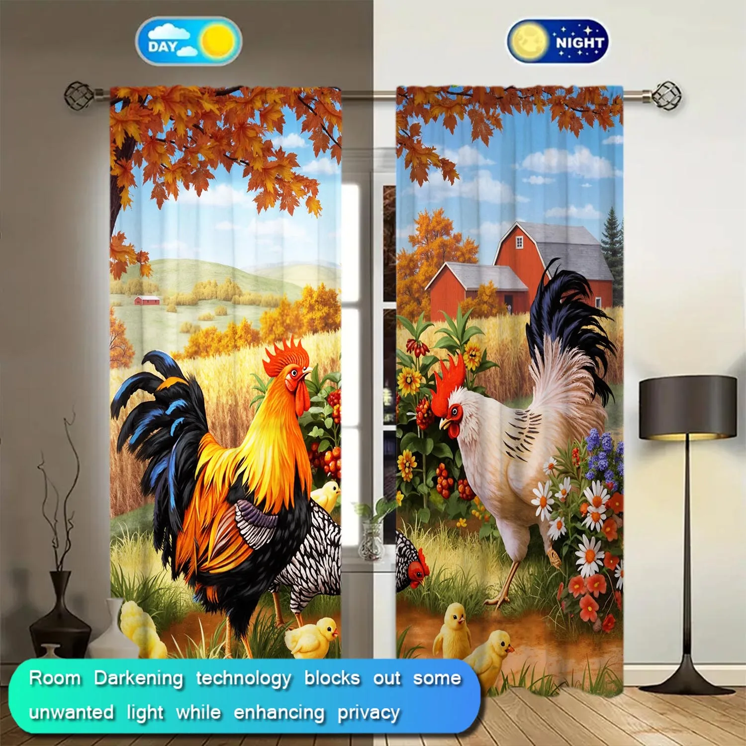 2pcs American Retro Country Rooster Decorative Curtains, Sunshade and Privacy-protecting Pole Curtains 3