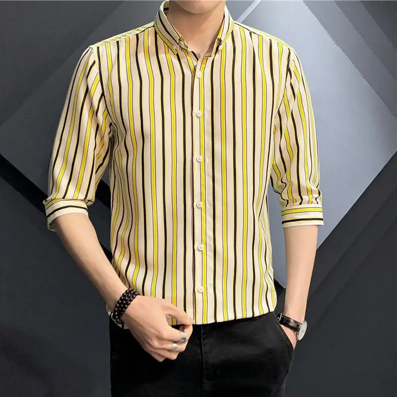2023 Men's Clothing Fashion Business Casual Turn-down Collar Button Man Striped Office Three Quarter Sleeve Spring Summer Shirts