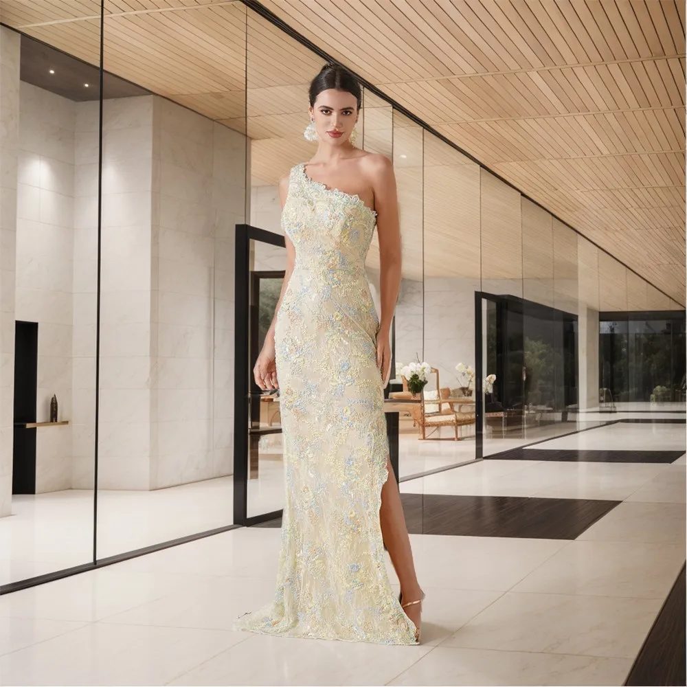 

Sunnye Sexy Luxury Evening Dress One Shoulder Sleeveless Appliques Beading Mermaid with Side Slit Floor-length for Formal Party