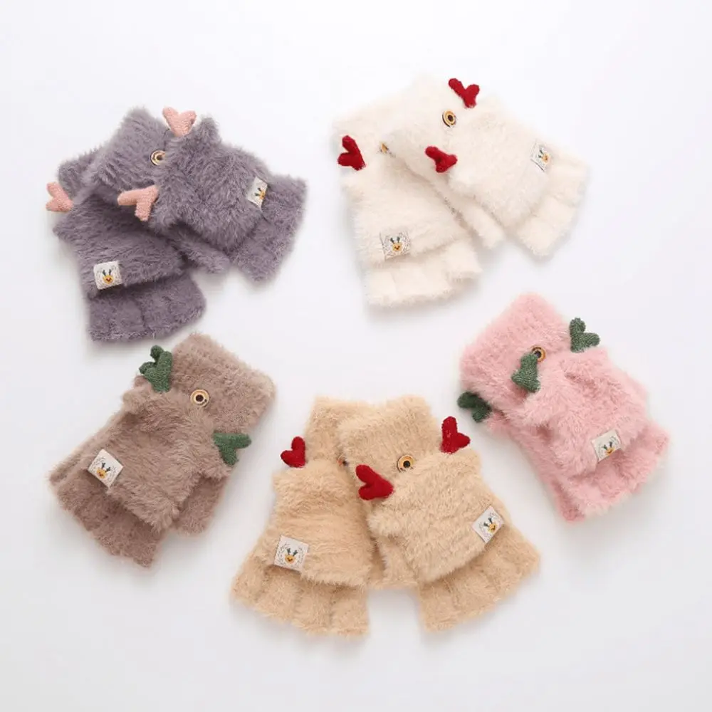 

Thick Warm Plus Velvet Autumn And Winter Women Antlers Female Gloves Flip Mittens Half-finger Gloves Christmas Wool Mittens