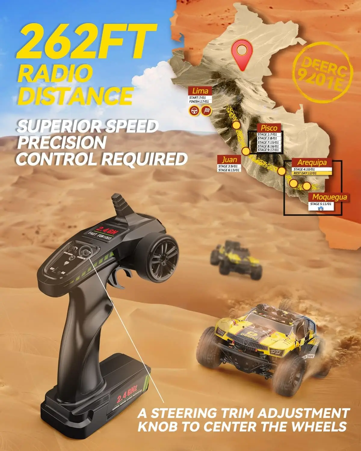 9201E 1:10 Large Remote Control Truck with Lights, Fast Short Course RC Car, 48 km/h 4x4 Off-Road Hobby Grade Toy Monster
