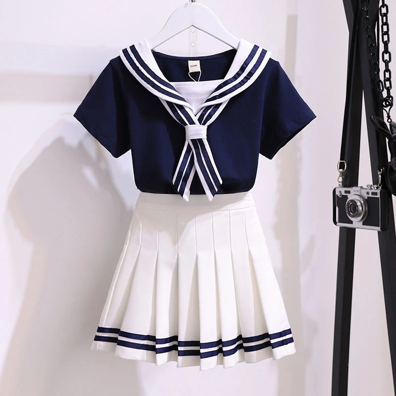Girls Pleated Skirt Suits Summer Navy Style Children's Skirt 2 Pcs Sets Teen Girls Elementary School Uniforms Student Clothes cute Clothing Sets