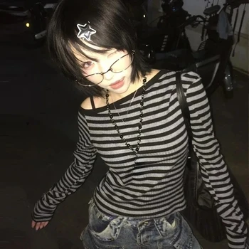 Japanese Y2k T-shirt Women Long Sleeve Off Shoulder Striped Crop Tops Autumn Casual Slim Skew Collar Base Layer Shirt Streetwear 1