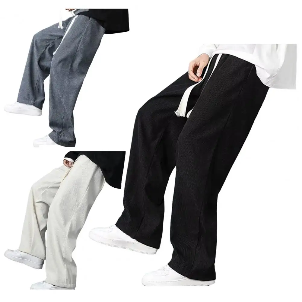 Description Picture 5 of itemPolyester Fleece Trousers Men's Drawstring Elastic Waist Winter Pants with Plush Pockets Wide Leg Casual for Fall for Men