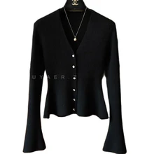

Autumn and Winter Knitted Cardigan Fair Lady Micro Pull Sleeve Pinch Waist Rhinestone Button V-neck Versatile Knitted Cardigan