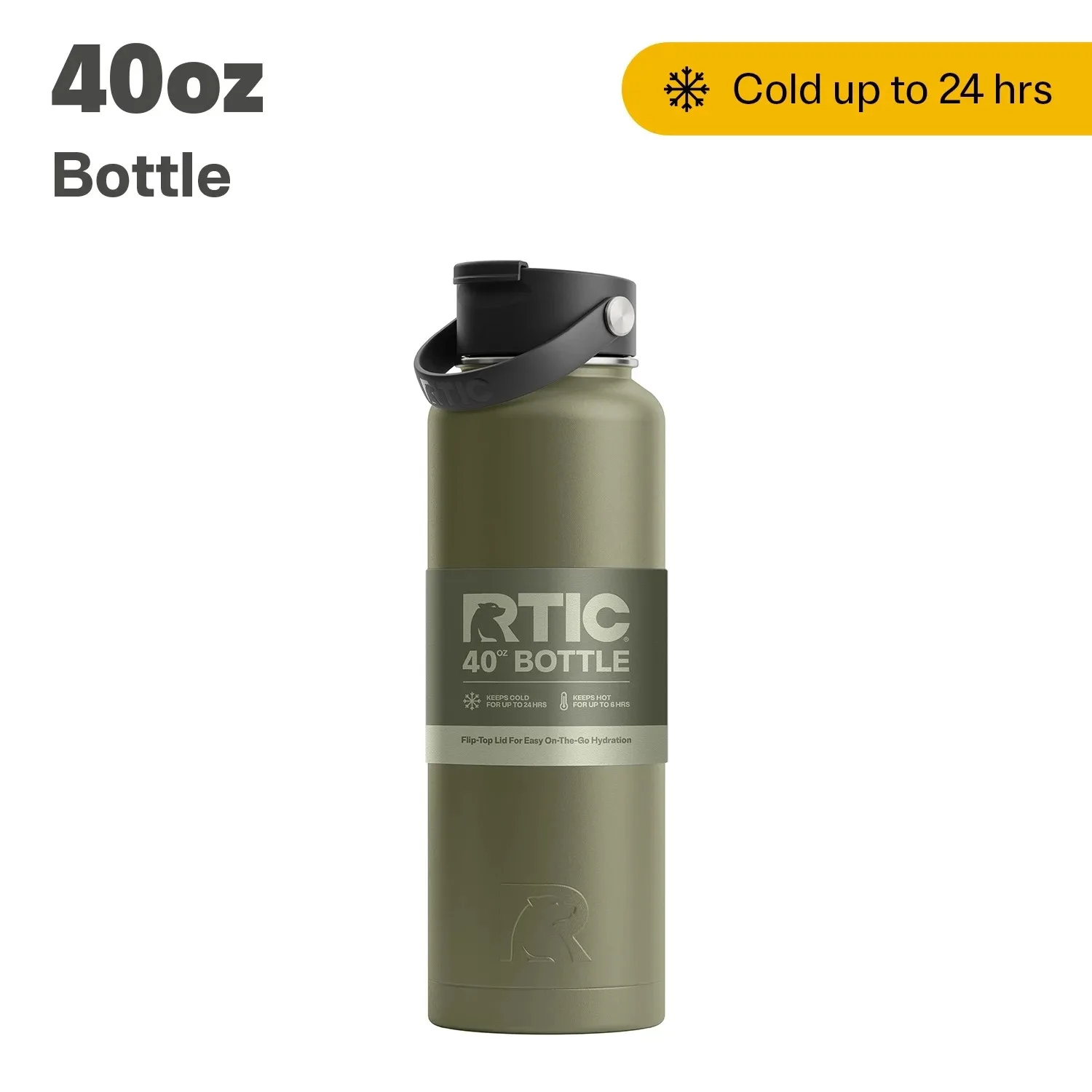 40 oz Stainless Steel Insulated Bottle, Wide Mouth Multi-Use Lid, Olive