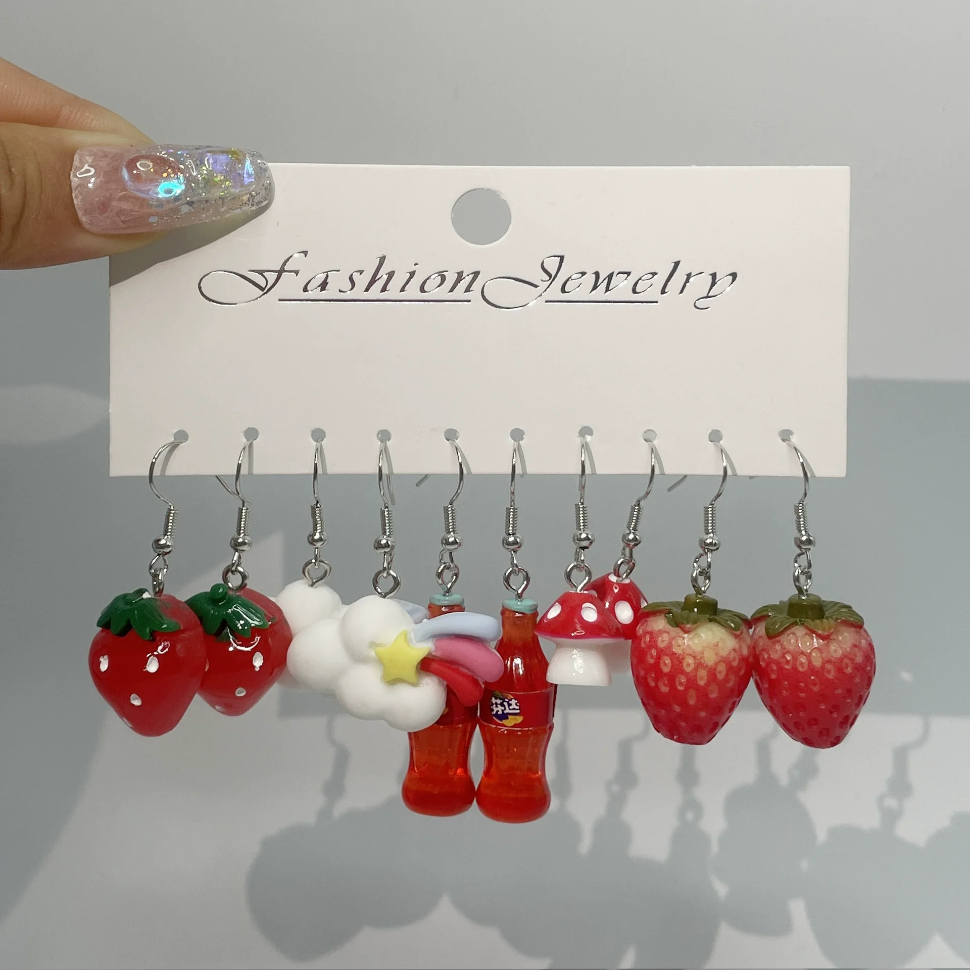 10Pcs Sweet Strawberry Fruit Drinks Drop Earring Set Cute Cartoon Food Ice Cream Donut Funny Resin Earrings Women Girls Jewelry