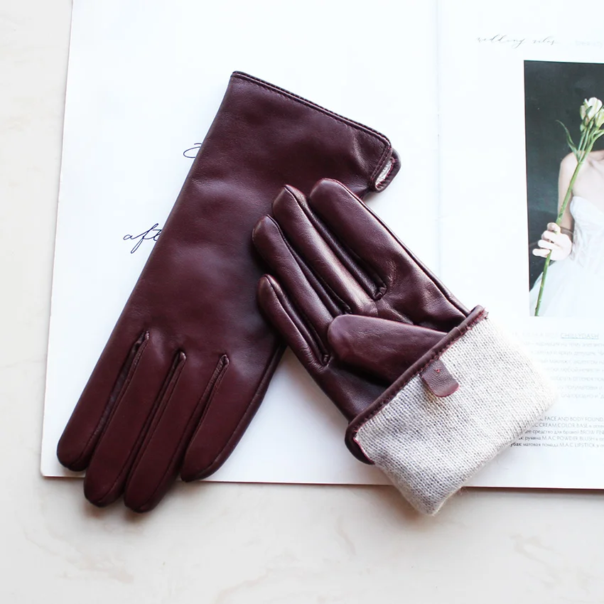 Women's Sheepskin Leather Gloves with Wool Lining - Fall/Winter Warmth for Motorcycle and Driving
