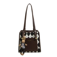 

Withered 2022 Ins Fashion Blogger Vintage Plaid With Cartoon Bear Women's Bag Large Capacity Commuter Bucket Bag Tote Bag Women