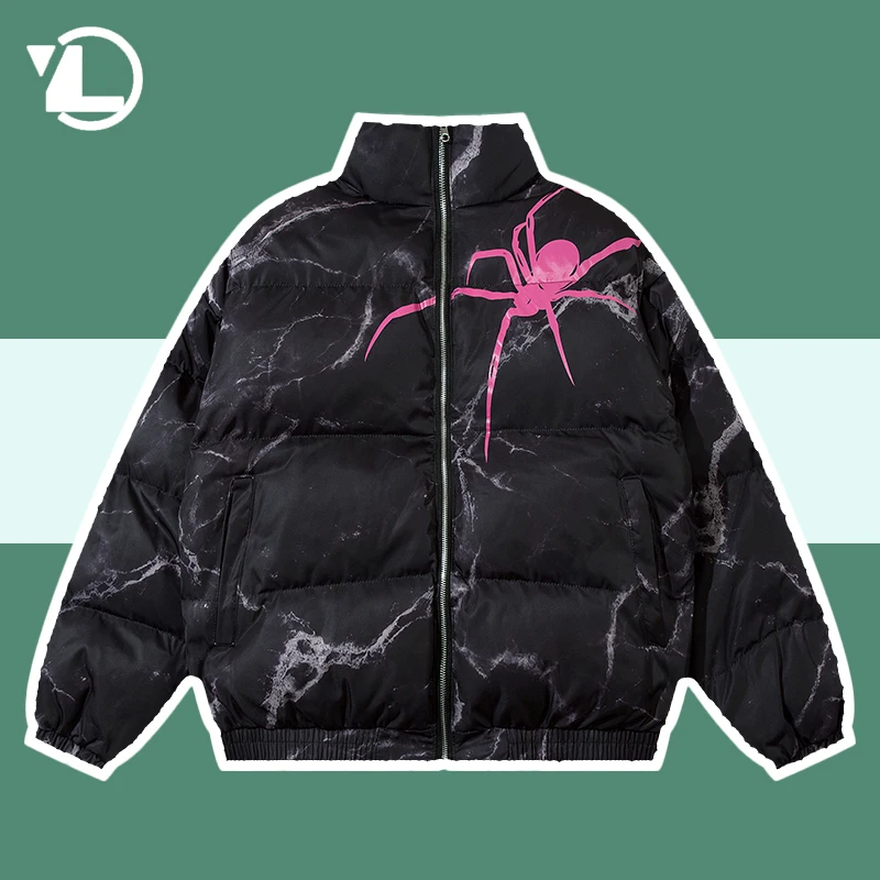 

Hop Hip Winter Parkas Men High Street Thick Graffiti Spider Padded Jackets Women Stand Collar Outwear Cold-proof Bubble Coats