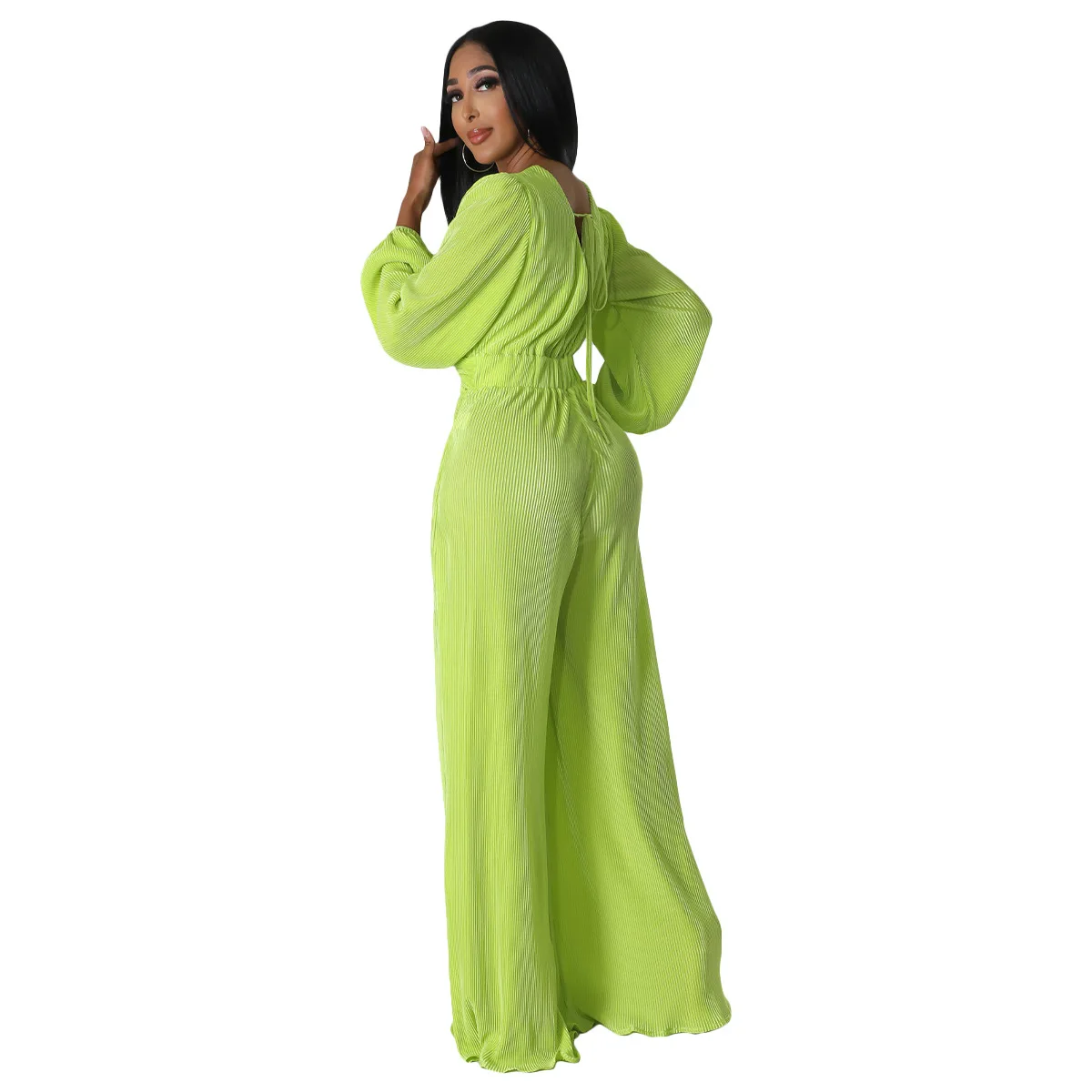 Autumn Women'S Clothes Pleated Cloth Jumpsuit Sexy V-Neck  Long Sleeves Solid Color Ladies Women Loose Wide Leg Jumpsuits