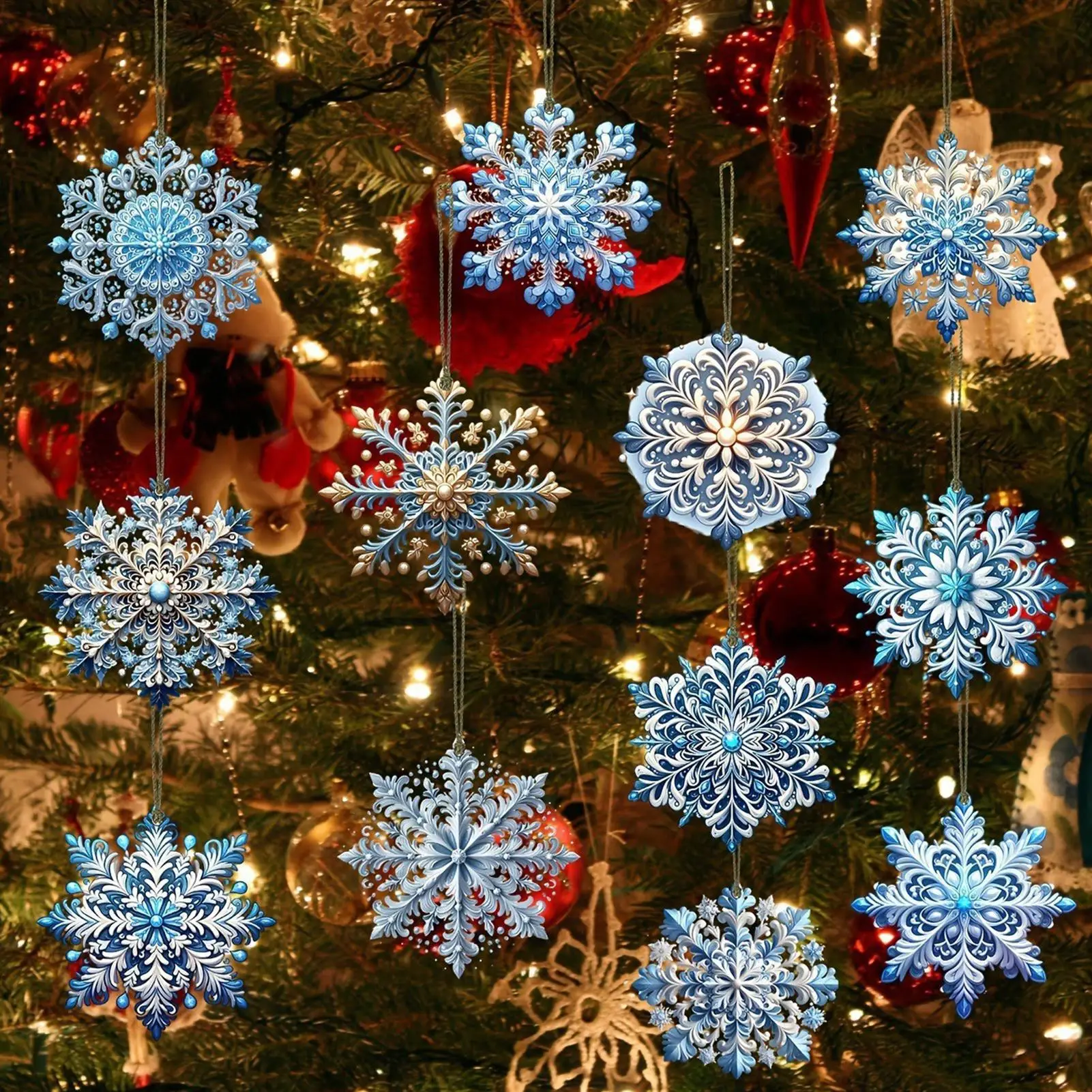 Snowflake Decor 24Pcs Blue Pendant Double-Sided 2D Christmas Snowflake Decoration with Hook for Winter Window Wall Decoration