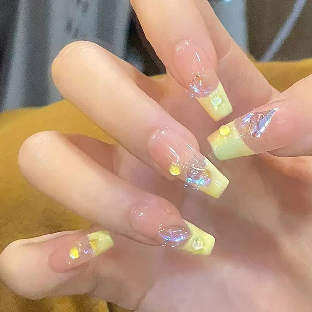 24Pcs Yellow False Nails Long Coffin Flower Butterfly with Rhinestones  French Design Wearable Fake Nails Press on Nails Tips - AliExpress