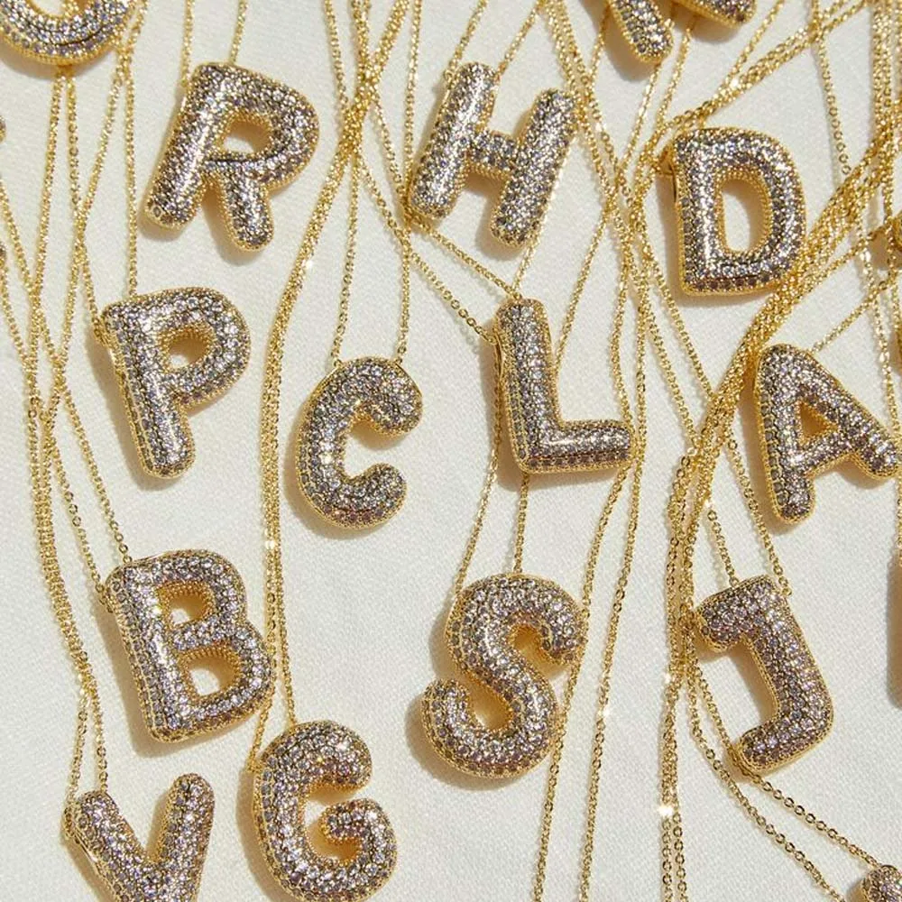 A-Z Sparkling Zircon Balloon Letter Initial Pendant Necklace for Women Stainless Steel Waterproof Chunky Bubble Alphabet Choker