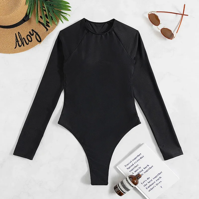 

Luxury Rhinestones Swimwear Women Solid Black Long Sleeve Backless Diamond One Piece Swimsuit 2022 Beach Bathing Suit Monokini