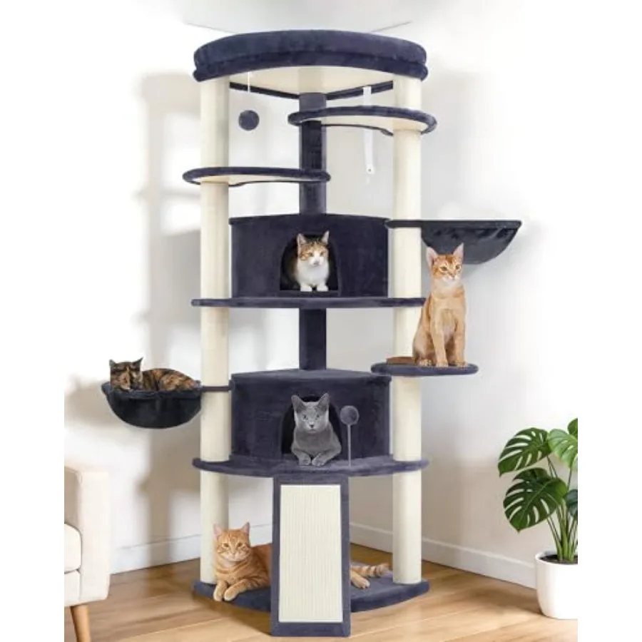 Corner Cat Tree for Indoor Cats with Dark Gray Sisal Scratching Posts Multi-Level Cat Condo featuring 2 Large Cat Caves Big Top