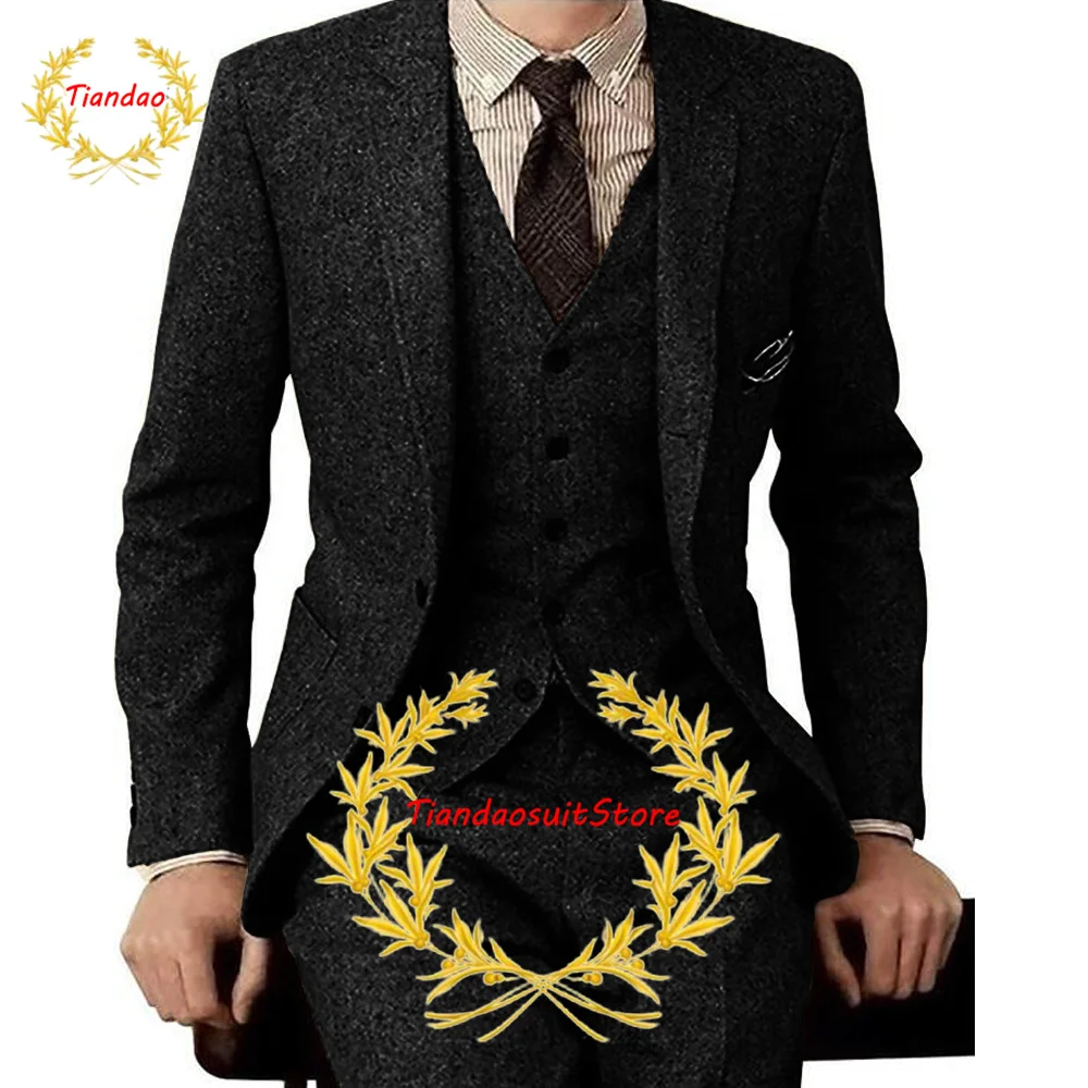 Men's 3 Piece Wool Suit Herringbone Jacket Pants Vest Slim Fit Business Outfit