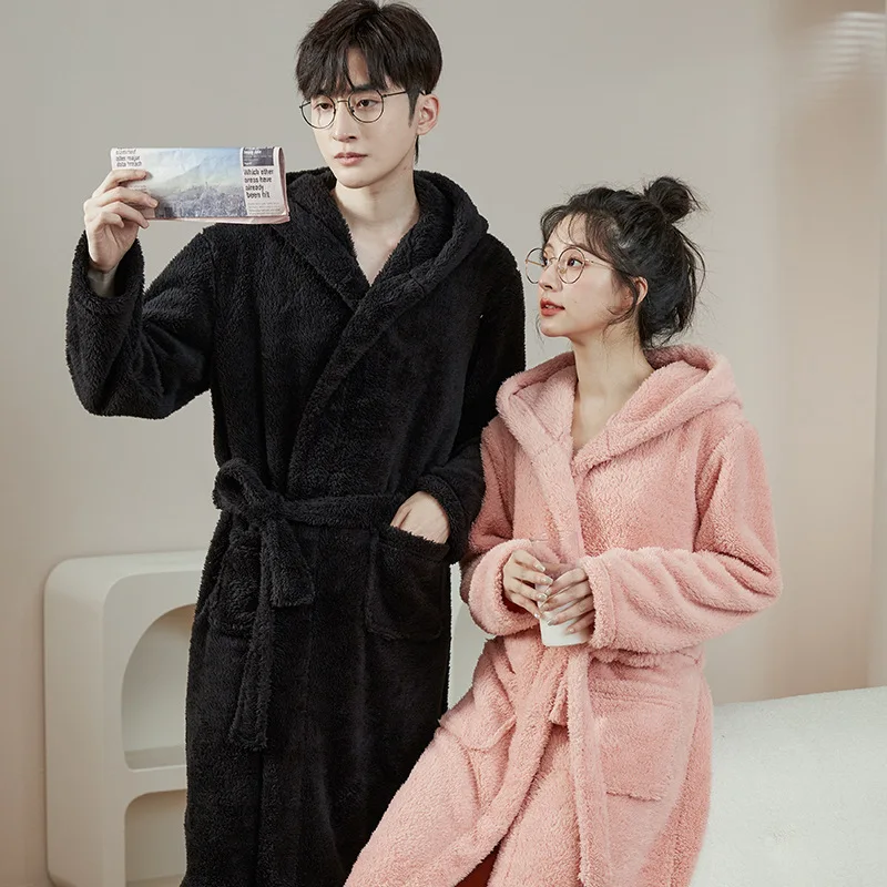 

REBEYULI Brand Bath Robe Women 2024 Autumn Solid Coral Velvet Couple Underwear Hooded Thickened Outerwear Winter Clothes Women