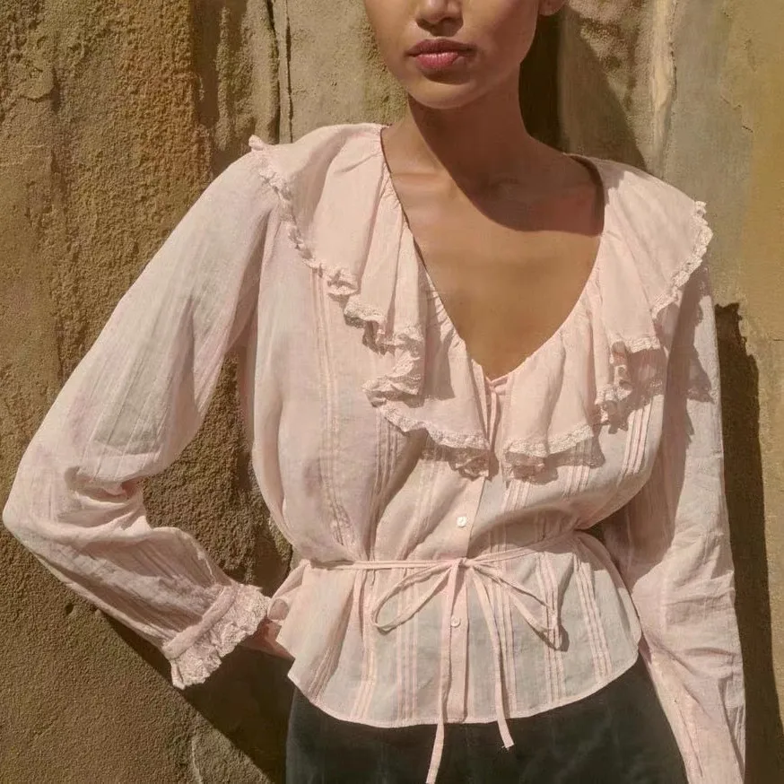 

Women's Shirt Big Ruffles Collar Lace Embroidery Stitching Single Breasted Long Sleeve Fashion Blouse