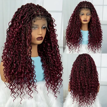 Box Braided Synthetic Boho Braids Wig 9x6 Lace Front Burgundy Curly Faux Locs Wig 26 Inch Afro Faux Locs Curly Boho Braided Wig