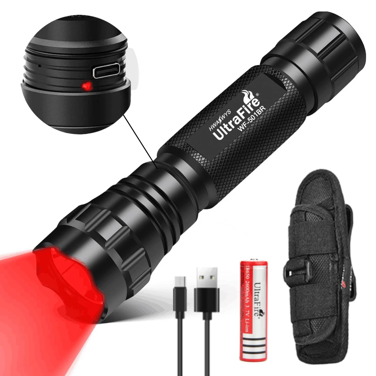 

UltraFire WF-501BR Tactical Hunting Flashlight USB Rechargeable High Power Led Red Lantern Stepless Dimming Predator Light