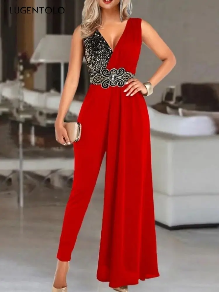 

Sexy Lace Jumpsuit Women Sequins V-neck Party High Waist Lady Elegant Hem Fake 2-pieces Spring Summer Straight Pencil Pants