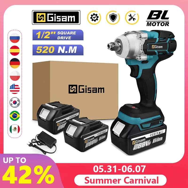 Gisam 520N.M Brushless Electric Impact Wrench Cordless Electric Wrench 1/2 inch for Makita 18V Battery Screwdriver Power Tools