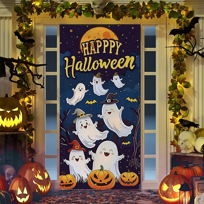 Halloween Stickers Door Wallpaper Stickers Halloween Door Cover Cartoon Anime Wizard Skeleton Frame Pumpkin Head Atmosphere Door Sticker Background Cloth