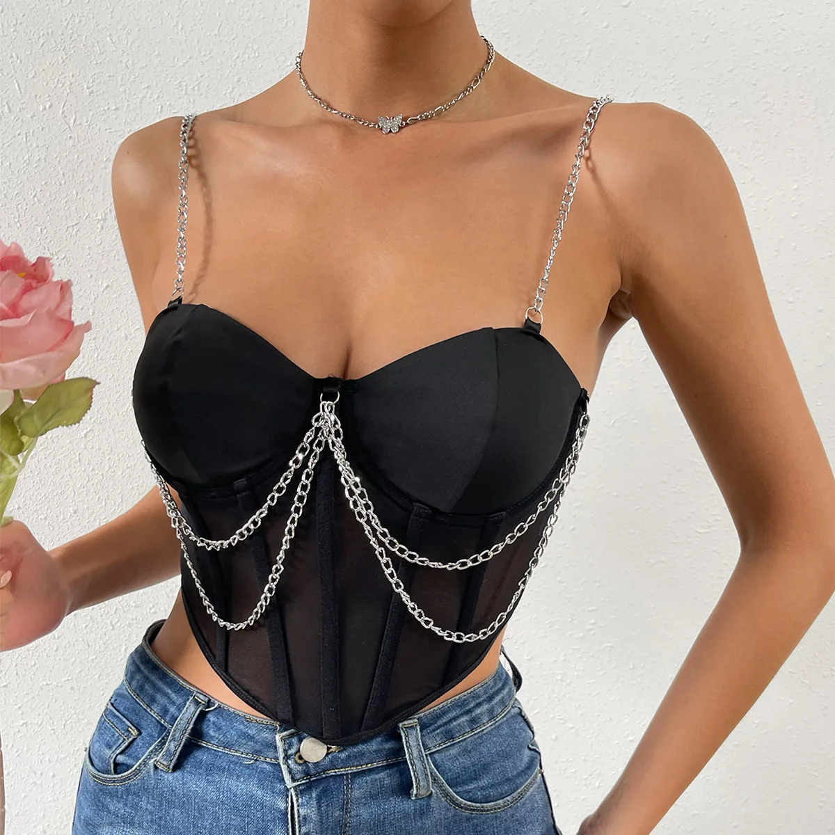 

Metal Chain Halter Corset Sleeveless Crop Top Summer Woman Clothes Sexy Camisole Slim Fishbone Underwear Bustier Tank Tops Party