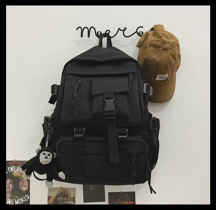Preppy Style Black Backpack Unisex Women Men Backpack Nylon Waterproof Multi-Pocket Design Mochilas Teenagers Shoulder Bag